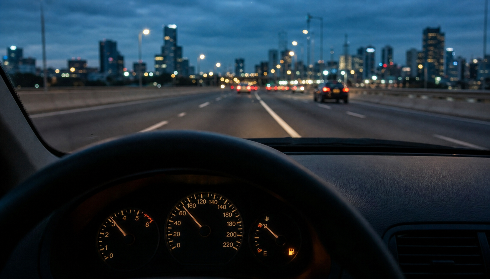 Painel de um carro em movimento com o marcador de combustível na reserva